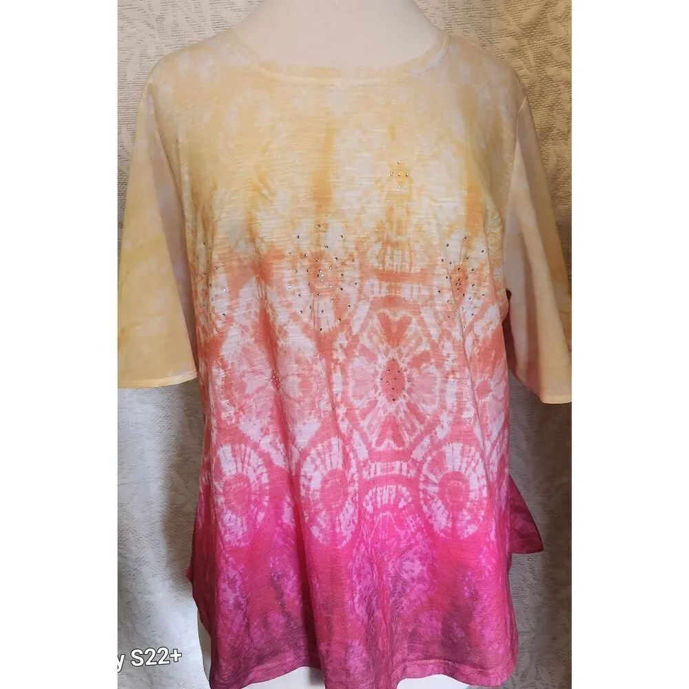F46 Concepts pink & Yellow knit top w sheer flutter sleeves & silver stud decor